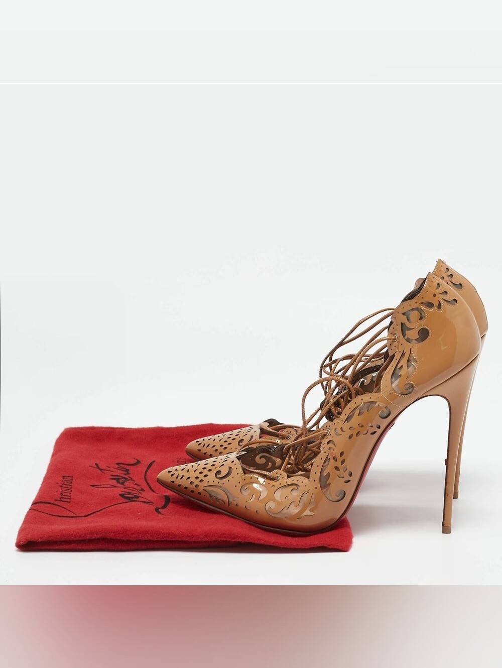 Christian Louboutin Tan Laser-Cut Lace-Up Patent Pointed-Toe Pumps - Picture 9 of 9